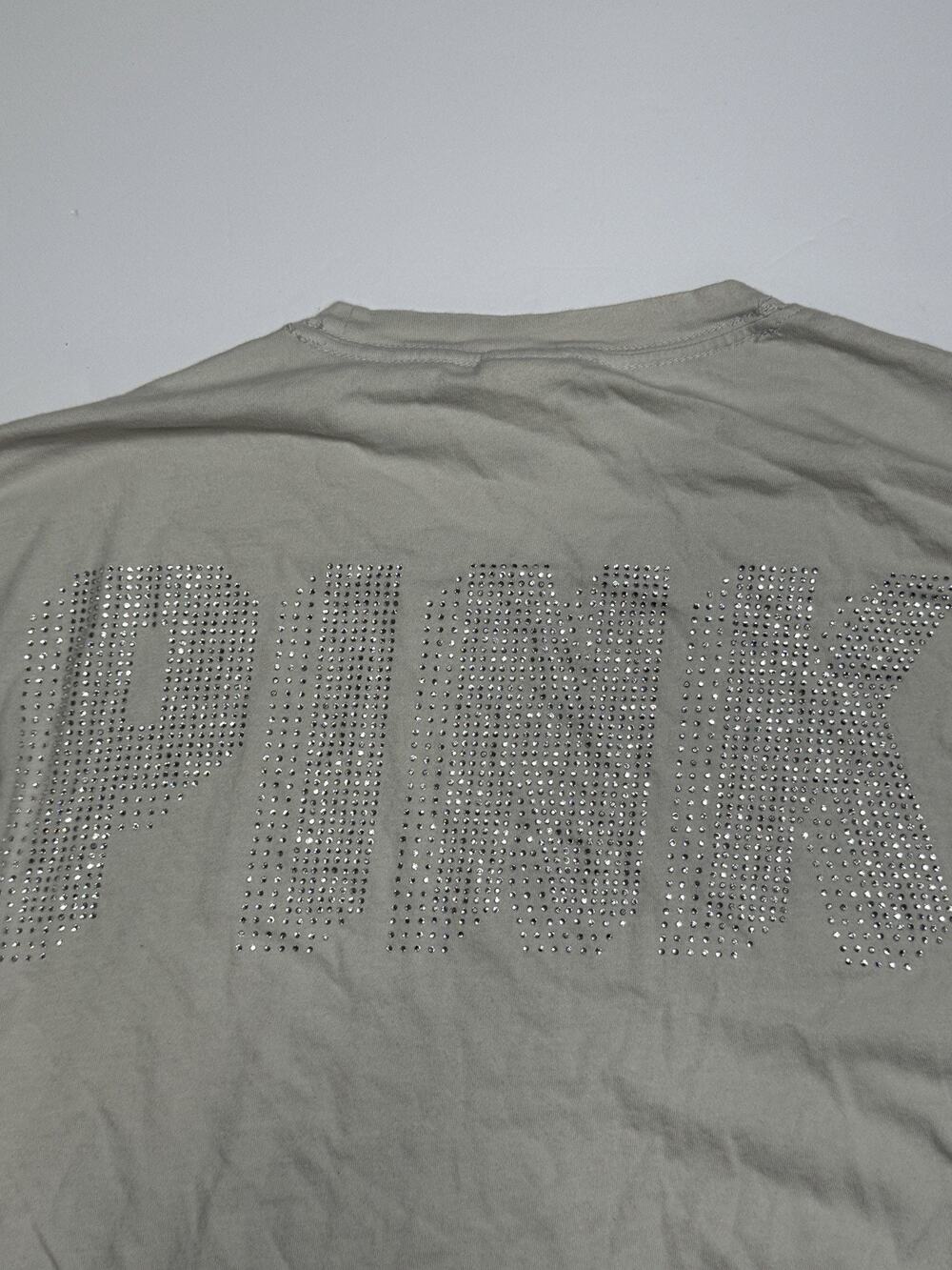 PINK Victorias Secret Rhinestone Logo Tee Womens Gray Oversized Bling M